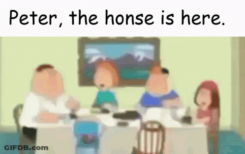 A Family Sits Around A Table With The Words Peter The Horse Is Here On The Bottom GIF