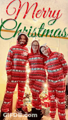 A Family Standing In Front Of A Christmas Tree Wearing Pajamas That Say Merry Christmas GIF