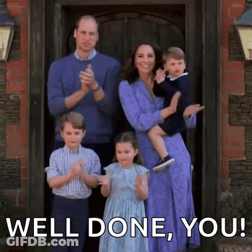 A Family Standing In Front Of A Door With The Words Well Done , You On The Bottom . GIF