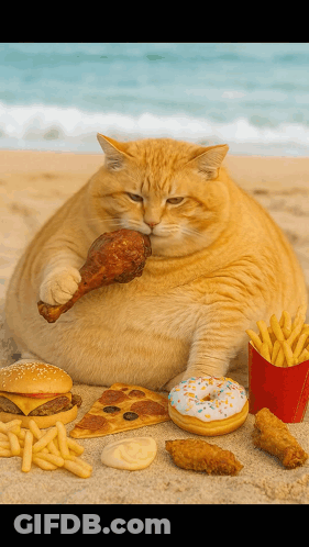 A Fat Cat Is Eating A Chicken Leg Surrounded By Hamburgers French Fries And Donuts GIF