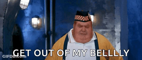 A Fat Man In A Kilt Says " Get Out Of My Belly " GIF
