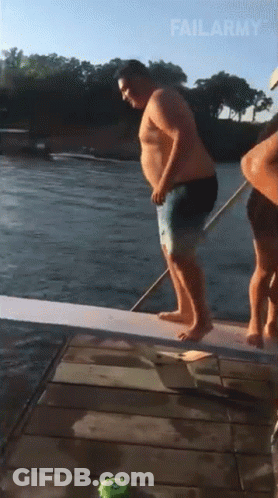 A Fat Man Is Jumping Into A Body Of Water With Failarmy Written On The Bottom GIF