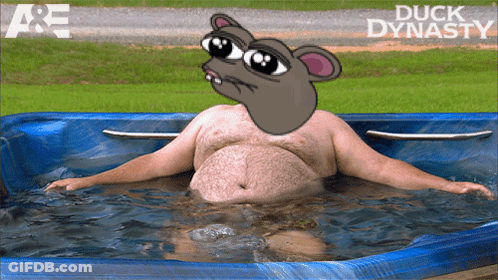 A Fat Man Is Laying In A Hot Tub With A Cartoon Mouse On His Head GIF