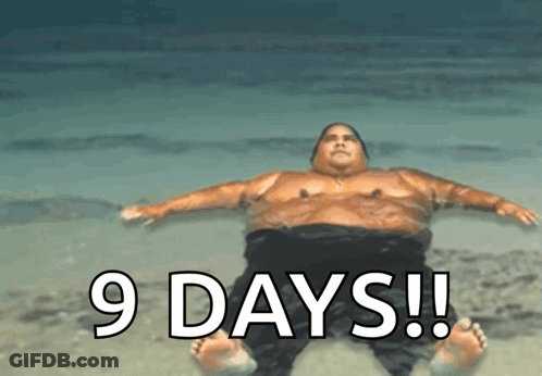 A Fat Man Is Laying On The Beach With The Words 9 Days Written Above Him GIF