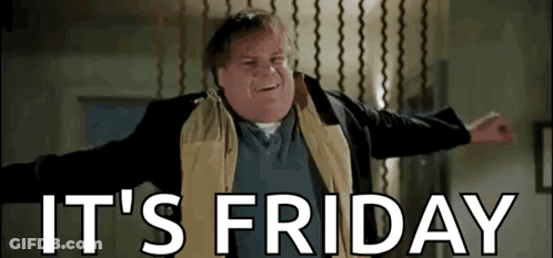 A Fat Man Is Standing In A Room With His Arms Outstretched And The Words `` It 'S Friday '' . GIF