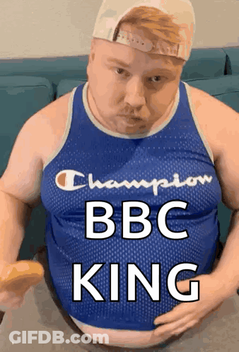 A Fat Man Wearing A Champion Tank Top Is Holding His Belly GIF