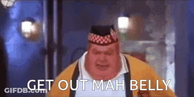 A Fat Man Wearing A Hat And A Yellow Jacket Is Standing In A Room And Says Get Out Mah Belly . GIF