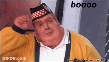 A Fat Man Wearing A Hat And A Yellow Jacket With The Word Booo On The Bottom GIF