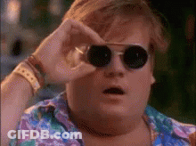 A Fat Man Wearing Sunglasses And A Colorful Shirt Is Looking Through His Glasses . GIF