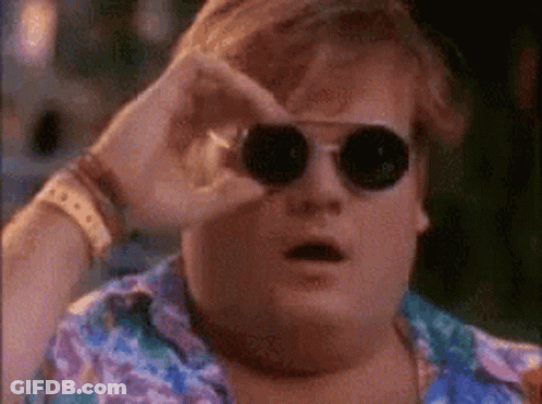 A Fat Man Wearing Sunglasses And A Hawaiian Shirt Is Looking Through His Sunglasses . GIF