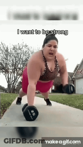 A Fat Woman Is Doing Push Ups With Dumbbells On The Sidewalk . GIF
