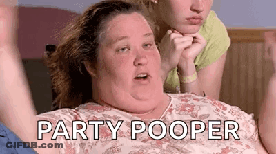 A Fat Woman Is Laying On A Bed With Her Hands On Her Chin And The Words `` Party Pooper '' Written On The Bottom . GIF