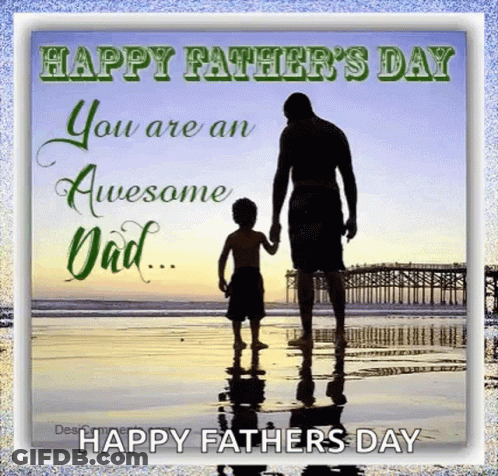 A Father And Son Are Standing On A Beach Holding Hands And Wishing Each Other A Happy Father 'S Day . GIF