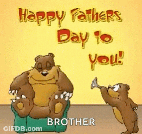 A Father 'S Day Card With A Bear Sitting On A Chair And Another Bear Playing A Trumpet . GIF