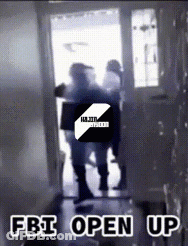 A Fbi Open Up Sign With A Picture Of People Walking Through A Doorway GIF