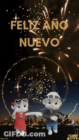 A Feliz Ano Nuevo Greeting Card With A Couple Of Cartoon Characters Dancing In Front Of Fireworks GIF