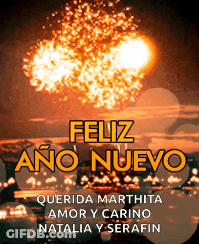 A Feliz Ano Nuevo Greeting Card With Fireworks Behind It GIF