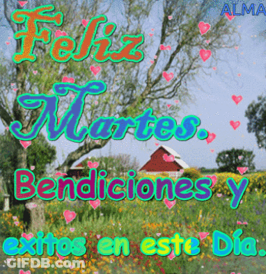 A Feliz Martes Greeting Card With A Red Barn In The Background GIF