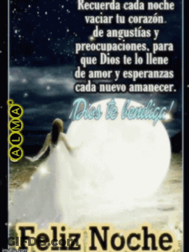 A Feliz Noche Greeting Card With A Woman Holding A Moon GIF