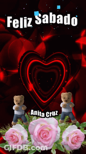 A Feliz Sabado Greeting Card With Two Teddy Bears In Front Of A Heart GIF