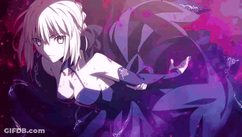 A Female Anime Character In A Purple Dress Is Standing In A Dark Room . GIF