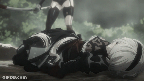 A Female Anime Character Laying On The Ground With A Sword Behind Her GIF
