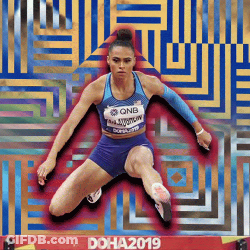 A Female Athlete Is Jumping Over A Hurdle That Says Doha 2019 On It GIF