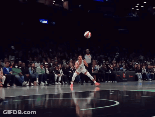 A Female Basketball Player Dribbles A Ball In Front Of A Crowd That Is Watching A Game GIF