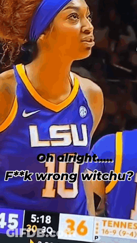 A Female Basketball Player Wearing A Blue And Yellow Lsu Jersey Is Standing On A Court . GIF