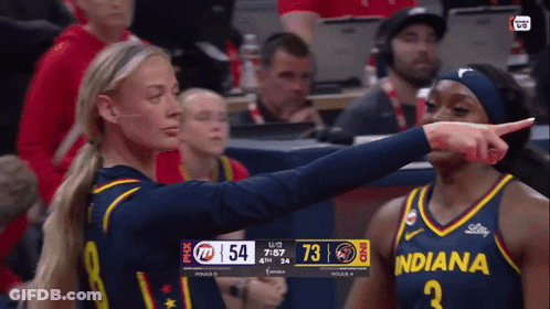 A Female Basketball Player Wearing A Jersey That Says Indiana Is Pointing At Another Player GIF