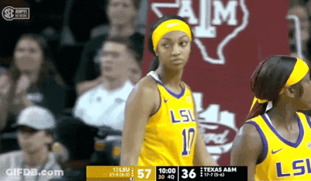 A Female Basketball Player Wearing A Lsu Jersey Stands On The Court GIF