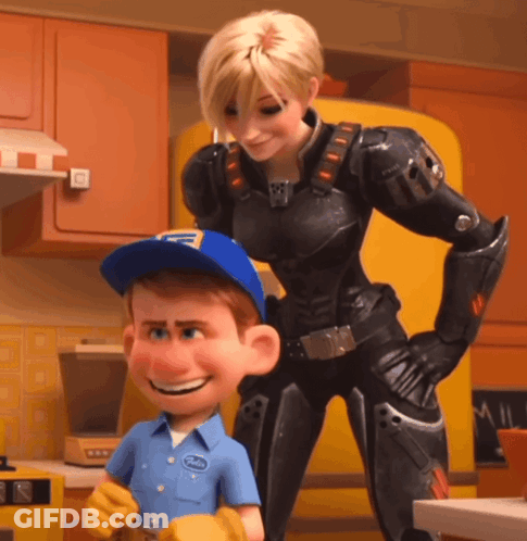 A Female Cartoon Character Stands Next To A Male Cartoon Character Wearing A Blue Hat That Says Fixit GIF