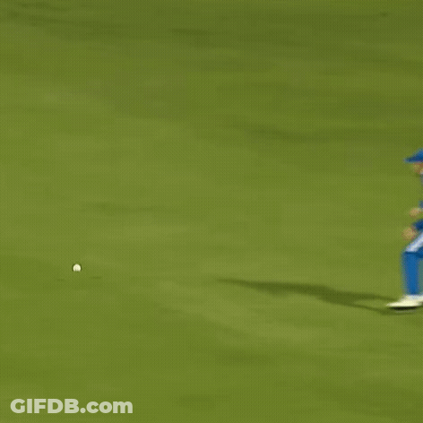 A Female Cricket Player In A Blue Uniform Is Running On The Field . GIF