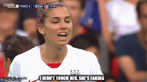 A Female Soccer Player Says " I Didn T Touch Her She 'S Faking " GIF