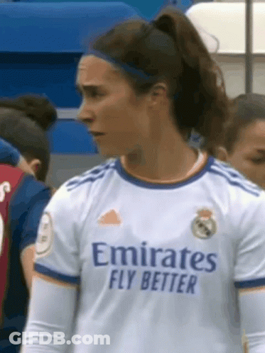 A Female Soccer Player Wearing An Emirates Fly Better Jersey GIF