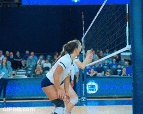 A Female Volleyball Player Stands In Front Of A Net With A Blue Banner That Says Fox Sports GIF