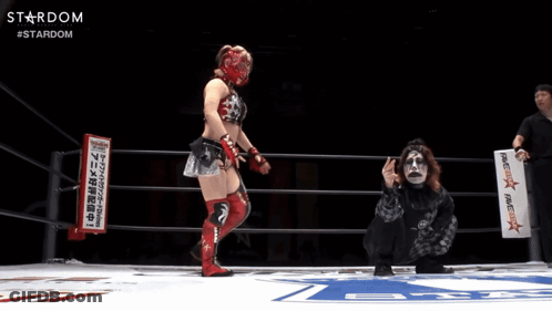 A Female Wrestler In A Ring With A Sign That Says Stardom GIF