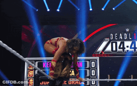 A Female Wrestler Is Kneeling Down In Front Of A Scoreboard That Says Deadli 04-4 GIF