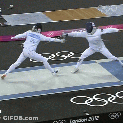 A Fencer Wearing A Blue Shirt That Says Kazakhstan On It GIF