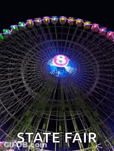A Ferris Wheel Is Lit Up At The State Fair At Night GIF