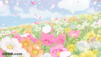 A Field Of Flowers With Petals Falling From The Sky And The Words Bielgoku On The Bottom GIF
