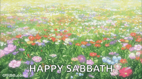 A Field Of Flowers With The Words Happy Sabbath Written On It GIF