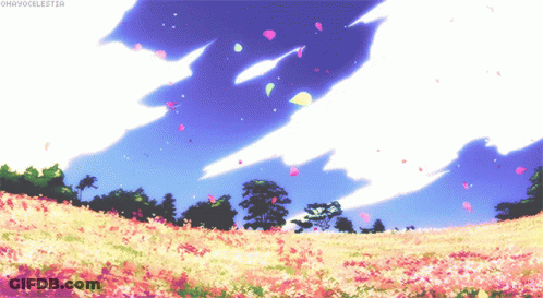 A Field Of Pink Flowers With A Blue Sky In The Background And The Words Omayocelestia On The Bottom GIF