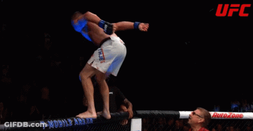 A Fighter Is Being Lifted In The Air In Front Of A Sign For Geico GIF