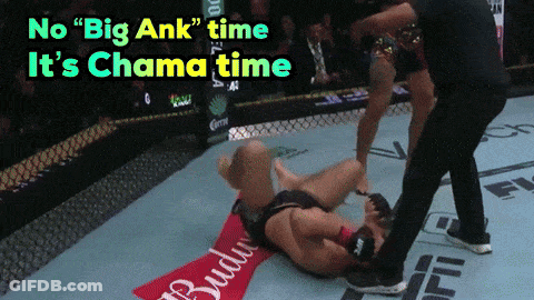 A Fighter Is Laying On The Ground With The Words " No Big Ank " Time It 'S Chama Time Above Them GIF
