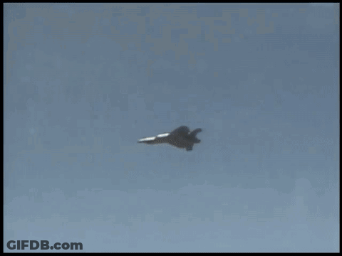 A Fighter Jet Is Flying In The Sky With A Cloud In The Background GIF