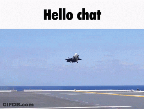 A Fighter Jet Is Flying In The Sky With The Words Hello Chat Below It GIF