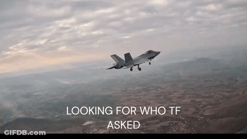 A Fighter Jet Is Flying In The Sky With The Words " Looking For Who Tf Asked " Above It GIF