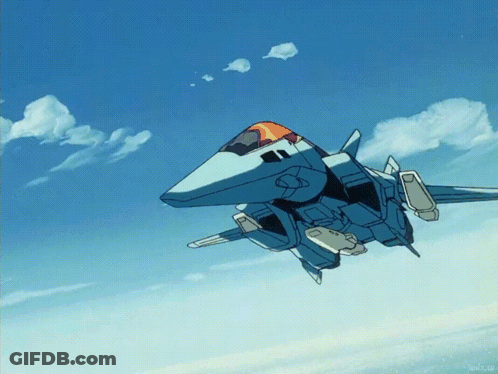 A Fighter Jet Is Flying Through A Blue Sky With A Few Clouds In It GIF