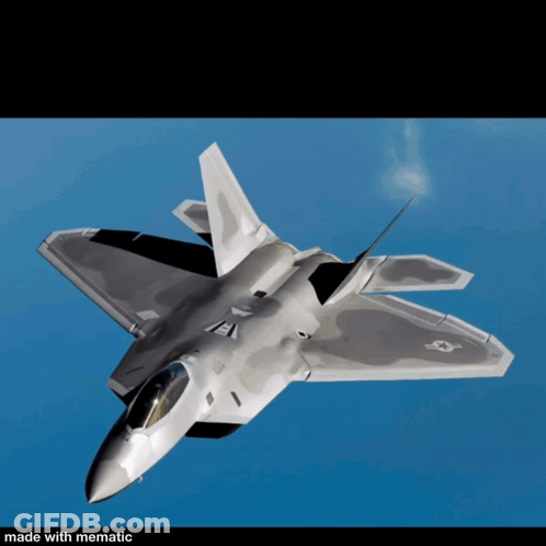 A Fighter Jet Is Flying Through A Blue Sky With Smoke Coming Out Of It GIF